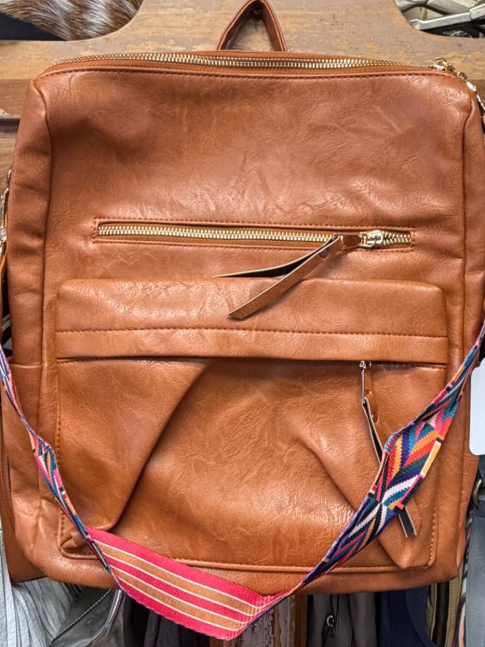 Camel Brown Convertible Faux Backpack Shoulder Bag Multicolor Woven Strap - Picture 2 of 6